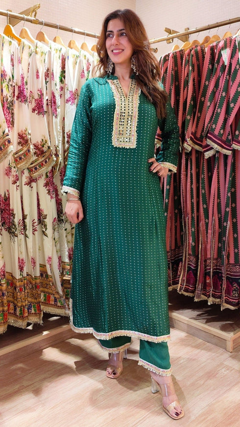 Emerald Green Long Kurta with Pant - Jacquard Silk